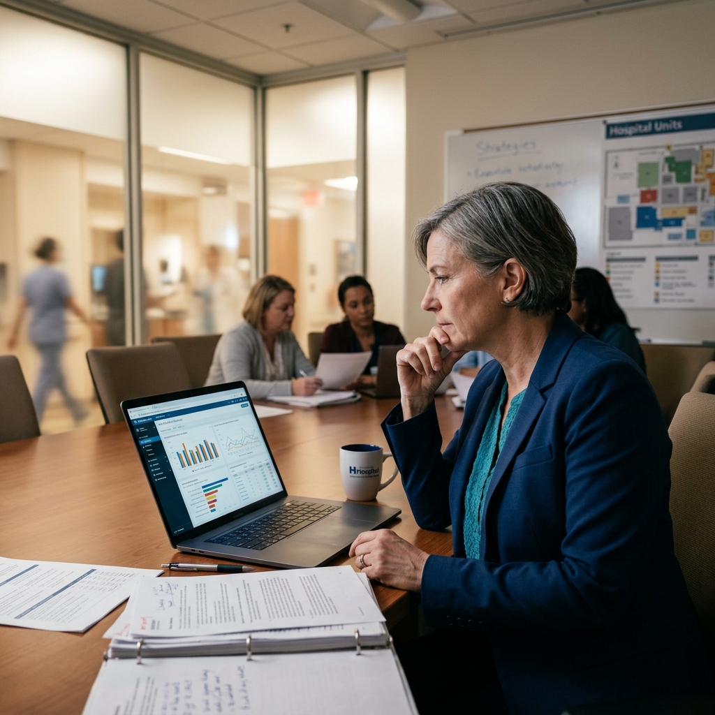 Healthcare manager looking at computer screen