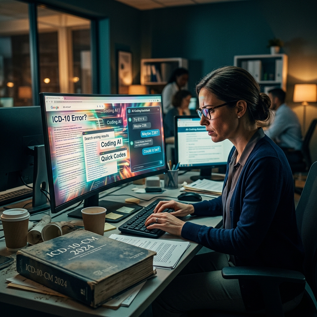 Medical coder surrounded by glowing AI search results