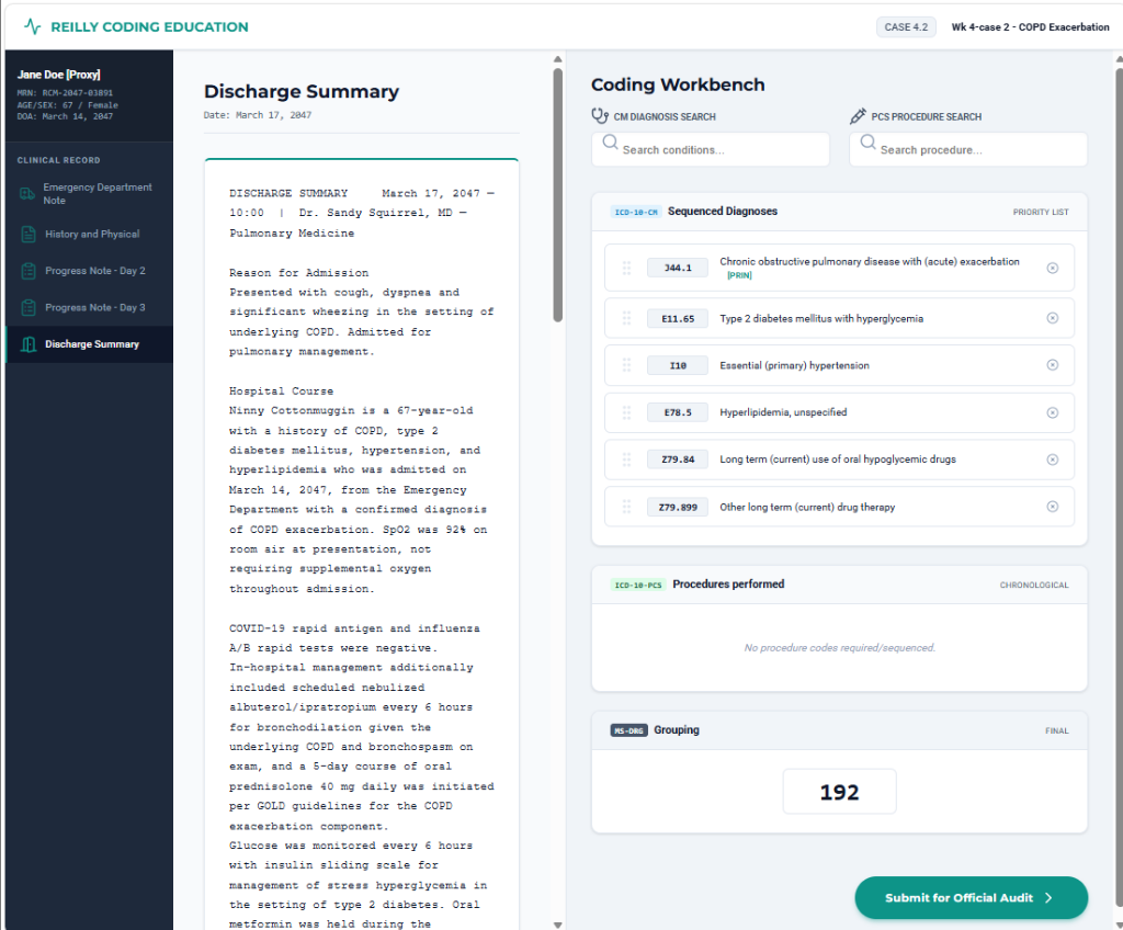 Screenshot of the interactive Coding Edge Workbench simulator showing an inpatient chart
