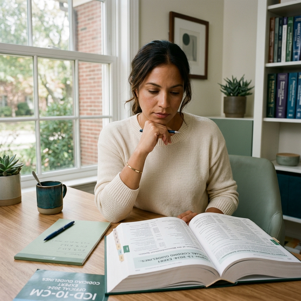Medical coder reviewing ICD-10-CM code book at a clean desk with natural light