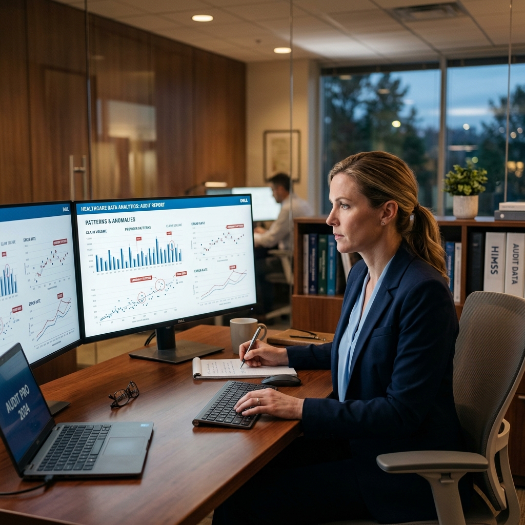 Auditor analyzing clinical documentation trends and anomalies on a screen