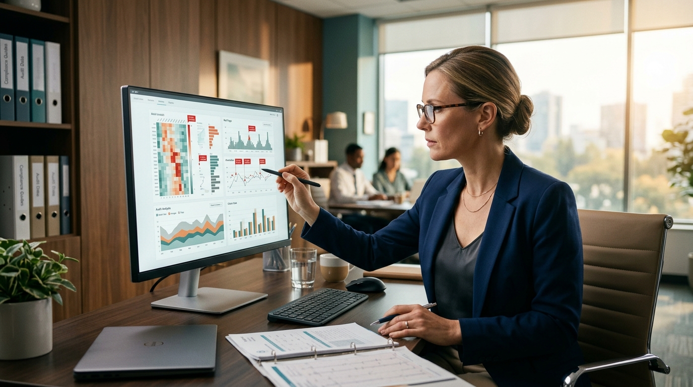 Compliance professional analyzing case-level fraud and abuse risk signals on clinical audit dashboard