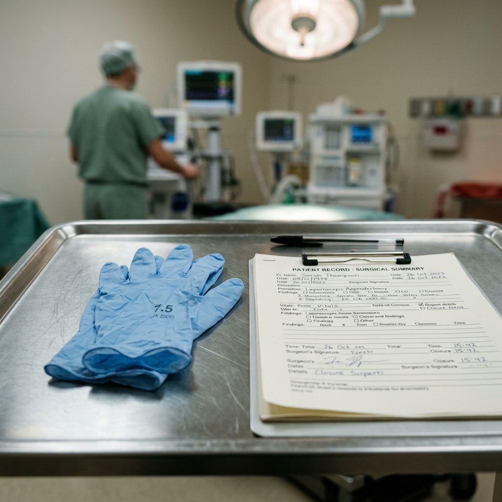 Surgical gloves beside a hospital chart on a surgical tray, representing post-surgical clinical documentation