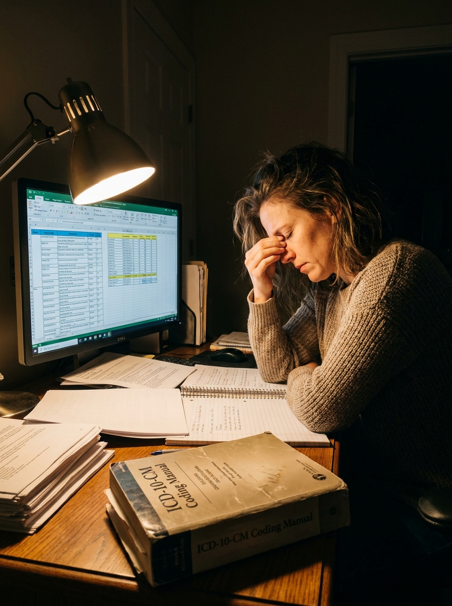 A medical coder working late, surrounded by coding manuals