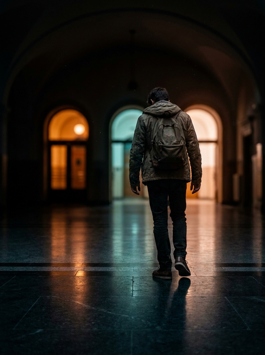 Person at a crossroads with glowing pathways