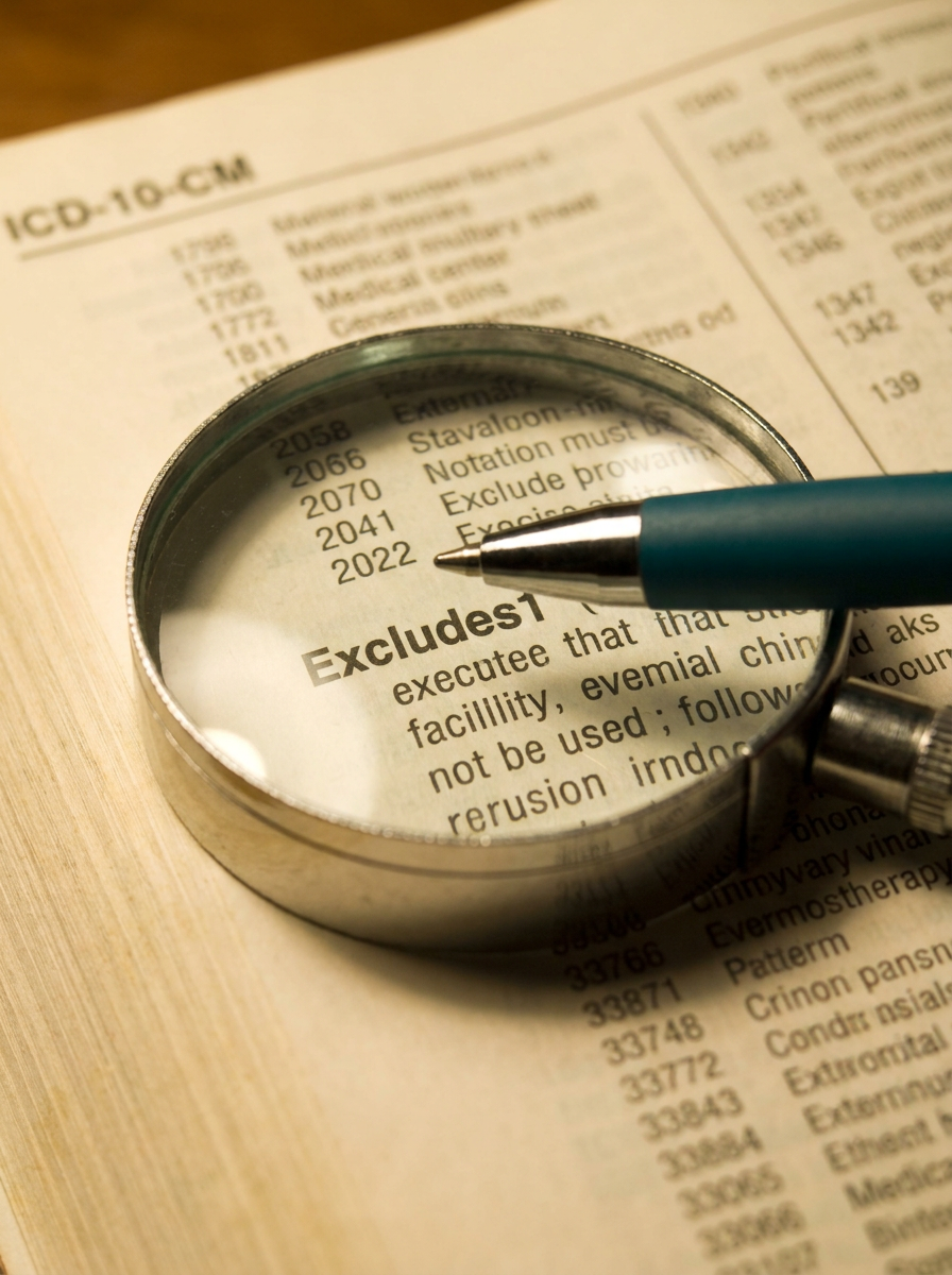 Medical coding handbook open on a desk, highlighting complex guidelines and 'Excludes' notes