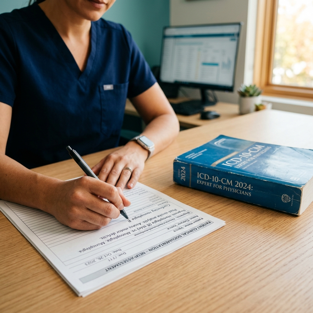 Medical coder reviewing clinical documentation for stroke coding